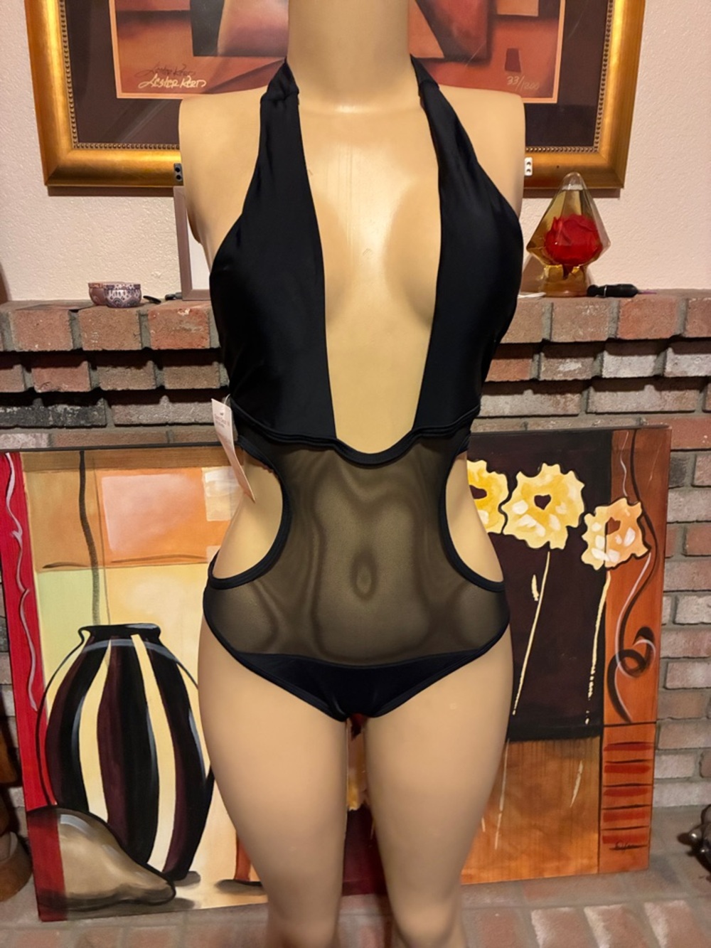 SHEIN Black Mesh Cutout One-Piece Swimsuit